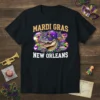 Mardi Gras New Orleans t-shirt with a cool alligator wearing a hat and sunglasses, featuring purple, green, and gold colors