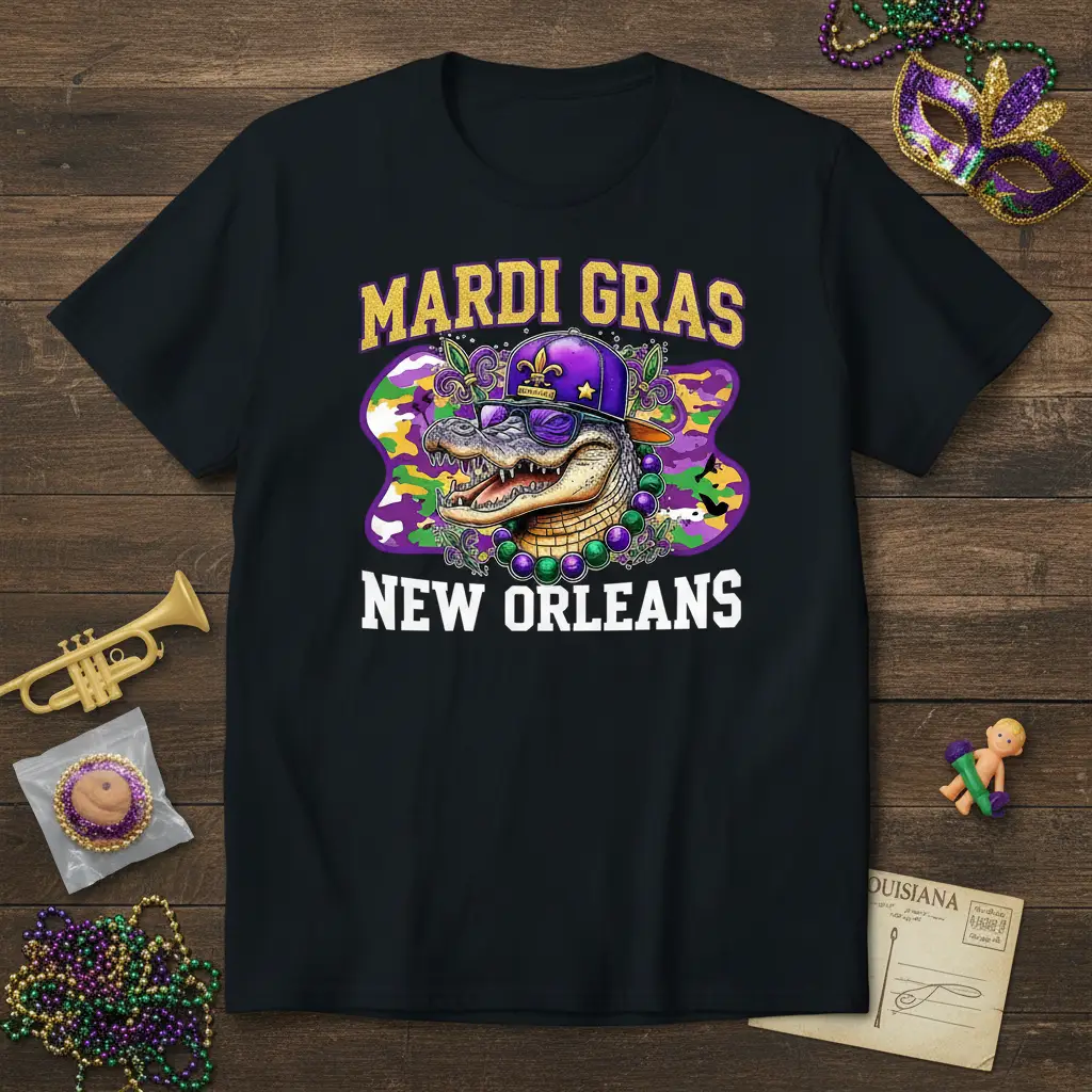 Mardi Gras New Orleans text and a festive alligator graphic wearing a purple hat and beads on a black t-shirt