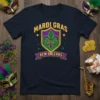 Mardi Gras New Orleans t-shirt design with a Fleur de Lis crest in purple, green, and gold