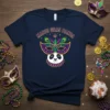 Navy t-shirt with "Mardi Gras Panda" text above a cute panda wearing a Mardi Gras mask and beads