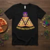 Mardi Gras Pizza Parade text on a black t-shirt with a graphic of three pizza slices wearing a Mardi Gras