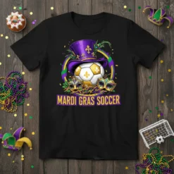 Mardi Gras Soccer t-shirt design featuring a soccer ball, purple top hat, and festive masks