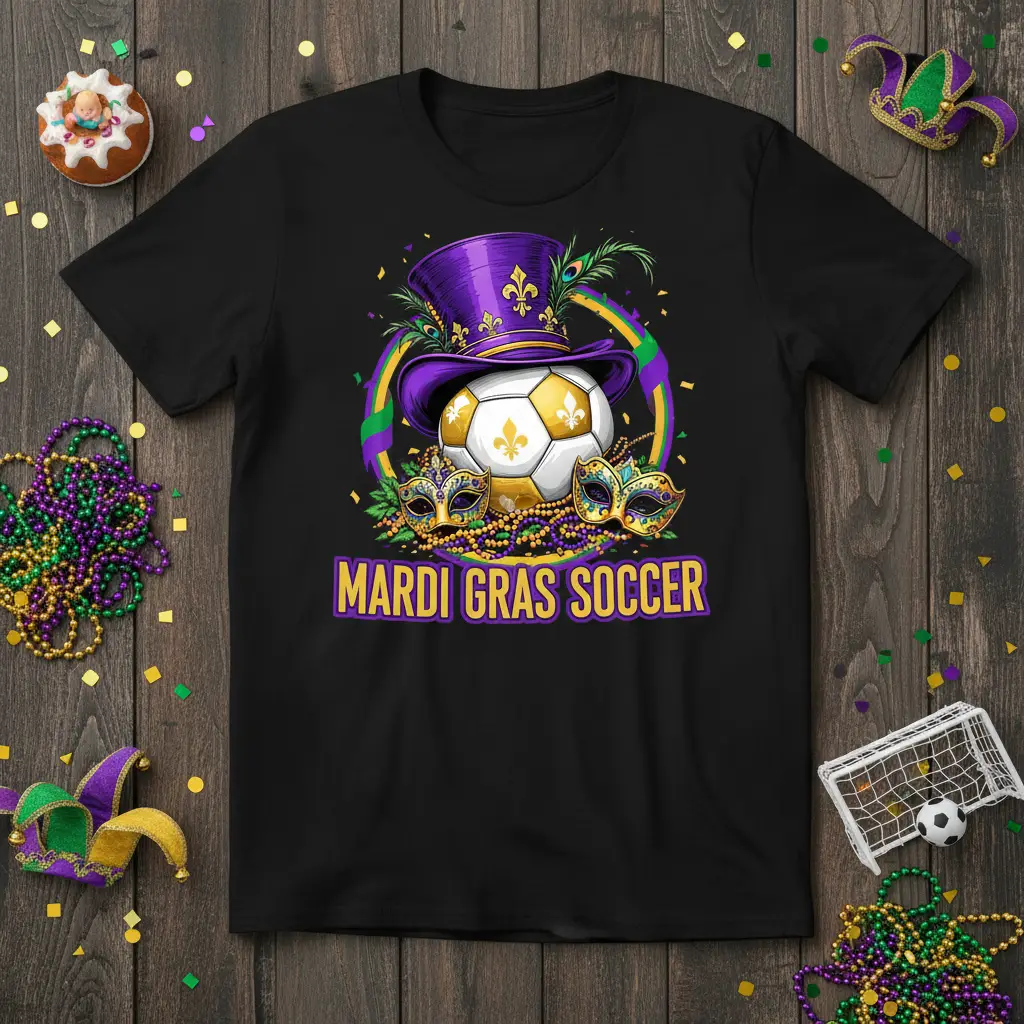 Mardi Gras Soccer graphic tee with football, top hat, and masks, perfect for carnival season