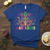 Mardi Gras T-Shirt with colorful mask and fleur de lis design, text reads Mardi Gras
