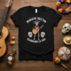 Mariachi Skelton Celebrando La Vida t-shirt with a skeleton playing guitar and two sugar skulls