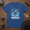 Blue t-shirt featuring a marlin jumping through ocean waves with text "MARLIN OCEAN GAME FISH"