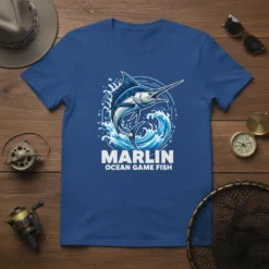 Blue t-shirt featuring a marlin jumping through ocean waves with text "MARLIN OCEAN GAME FISH"