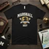 Black Marshall University 1837 t-shirt with vintage crest design featuring horse and torches