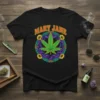 Black t-shirt with "Mary Jane" text above a vibrant, psychedelic cannabis leaf mandala design