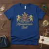 Masquerade Ball t-shirt with gold mask, lions, and script text