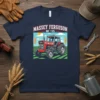 Massey Ferguson MF 135 tractor design in red and white on a navy t-shirt, featuring a vintage farming scene with