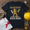 Master Builder text design with cartoon construction worker holding blueprints and wrench, surrounded by building blocks