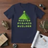 Master Pyramid Builder T-Shirt with alien on a green pyramid graphic, navy blue shirt