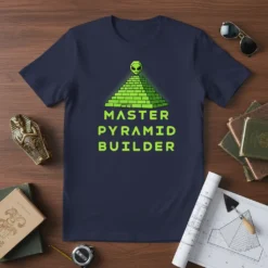 Master Pyramid Builder T-Shirt with alien on a green pyramid graphic, navy blue shirt