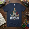 Master of All Board Games t-shirt with a colorful castle graphic, dice, and crowns. Navy blue tee for board game