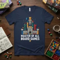 Master of All Board Games t-shirt with a colorful castle graphic, dice, and crowns. Navy blue tee for board game