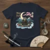 Master of Bushido t-shirt design featuring a gray cat in samurai armor sitting by water with koi fish and cherry