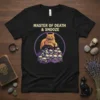 Master of Death & Snooze text with a cat sitting on skulls design, dark gothic theme, perfect for cat lovers