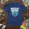 Master of Mayhem T-Shirt with a blue monster holding bombs and orange explosion graphics