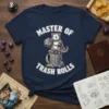 Master of Trash Rolls T-Shirt featuring an opossum in a trash can holding a D20 die. Text reads "MASTER OF
