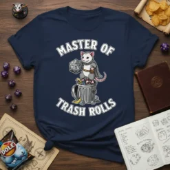 Master of Trash Rolls T-Shirt featuring an opossum in a trash can holding a D20 die. Text reads "MASTER OF