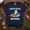 Master of the Seas and Beyond! text with a cartoon cat wearing a crown riding a shark with flames