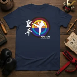 Masters Martial Arts Academy Karate T-Shirt featuring a silhouette of a karateka kicking, with Japanese characters and the academy name
