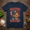 Masters of the Dough t-shirt design featuring a muscular man holding a pizza from an oven. Red and white text