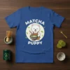 Matcha Puppy T-Shirt design featuring a cute white puppy preparing matcha tea with a whisk