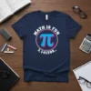Navy blue t-shirt with "Math Is Fun Pi 3.141599" text and pi symbol graphic, designed for math lovers