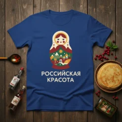Blue t-shirt with "Российская Красота" text and a colorful Matryoshka doll graphic featuring a scenic landscape