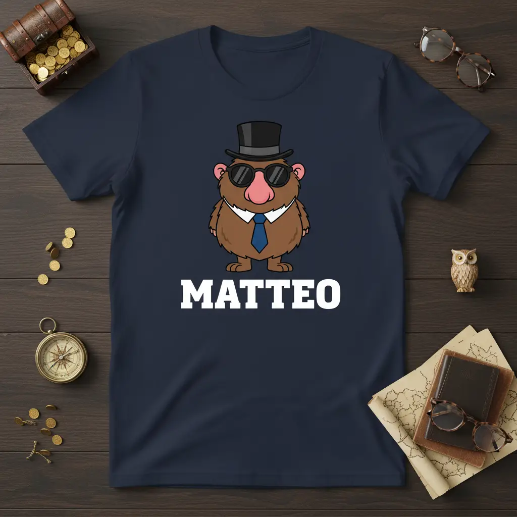 Matteo name t-shirt with cartoon character in top hat and sunglasses, bold white text