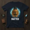 Matteo personalized troll t-shirt with custom name, featuring a brown furry troll character wearing a top hat and sunglasses