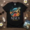 MAUI Hawaii t-shirt design with a sea turtle, vibrant flowers, and tropical leaves. Features the text "MAUI Hawaii" in a