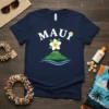 Navy blue t-shirt with "MAUI" text, a green volcano graphic, and a white plumeria flower
