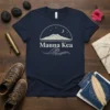 Mauna Kea T-Shirt with mountain, moon, stars, and ocean wave design in beige on navy blue