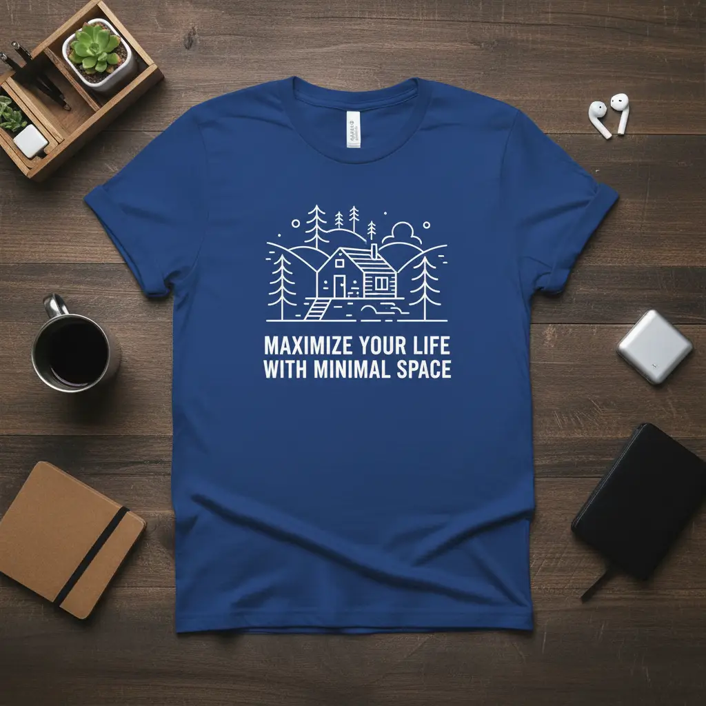 Maximize Your Life With Minimal Space quote with cabin graphic on a blue t-shirt