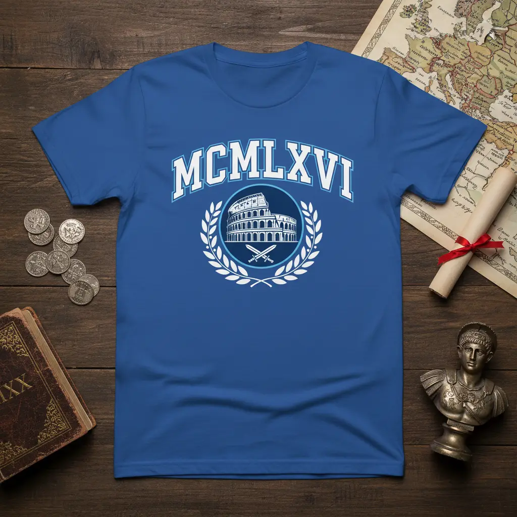 MCMLXVI Roman numeral above Colosseum illustration on a blue t-shirt