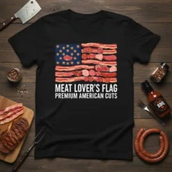Black t-shirt featuring an American flag design made from various meat cuts, with text "MEAT LOVER'S FLAG PREMIUM AMERICAN CUTS"