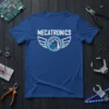Blue t-shirt with "MECATRONICS" text above a circular logo featuring wings, gears, and robotic arm