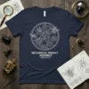 Navy t-shirt with white circular design of mechanical insects and gears, featuring the text "MECHANICAL INSECT ASSEMBLY FABRICATION CO."