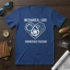 Blue t-shirt with white text "MECHANICAL LOVE ENGINEERED PASSION" and a heart graphic made of gears and a pump symbol