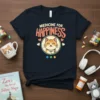 Medicine For Happiness text with a cute cartoon cat wearing a stethoscope on a dark t-shirt