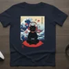 Meditating gamer cat art design on a navy t-shirt, featuring a black cat with headphones and a controller, set against