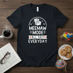 Meemaw Mode All Day Everyday text with a chair graphic on a black t-shirt, perfect for grandmas