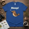 Blue t-shirt with "Meep!" text and a cute brown bird graphic singing, perfect for bird lovers