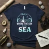 Meet me WHERE THE SKY touches SEA t-shirt with a lighthouse graphic and ocean waves