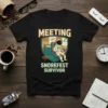 Meeting Snorefest Survivor text with a sleeping astronaut in a chair on a black t-shirt design