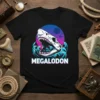 Megalodon shark skull graphic with retro sunset and waves, text reads "MEGALODON"