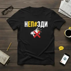 Black t-shirt with white and yellow text "НЕП#ЗДИ" and a megaphone graphic with a red X, symbolizing protest